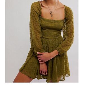 FREE PEOPLE WOMEN’S MALINA MINI DRESS A LINE BABY DOLL STYLE LS OLIVE GREEN NWOT